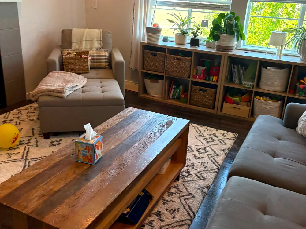 Living room with a wood coffee table, sofa and shelves of woven baskets after a recurring clean