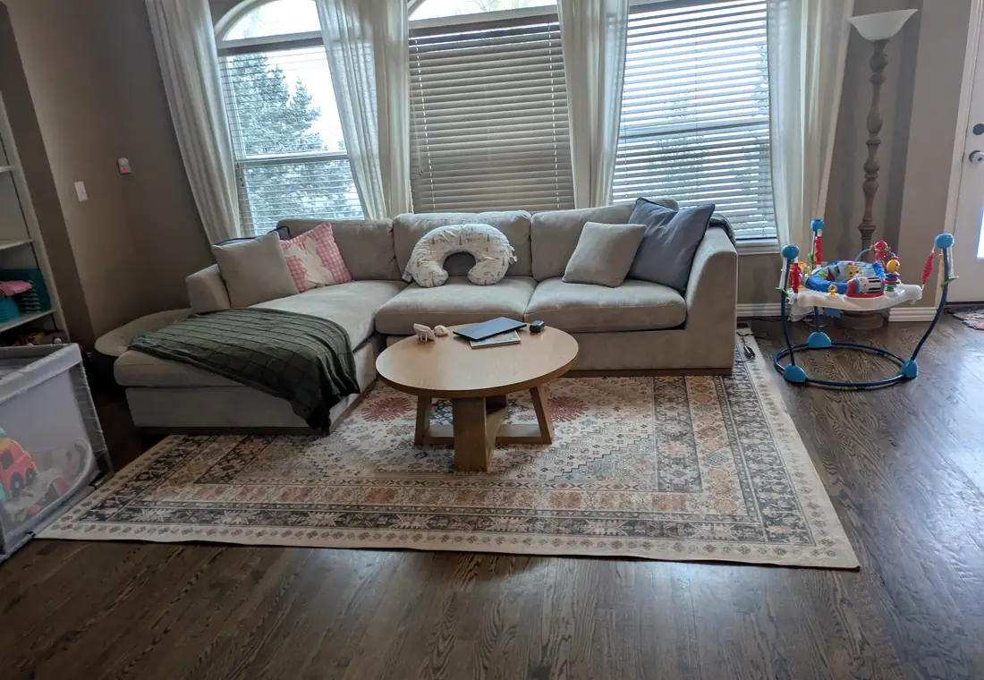 Bright living room with a sectional sofa and rug after a recurring clean