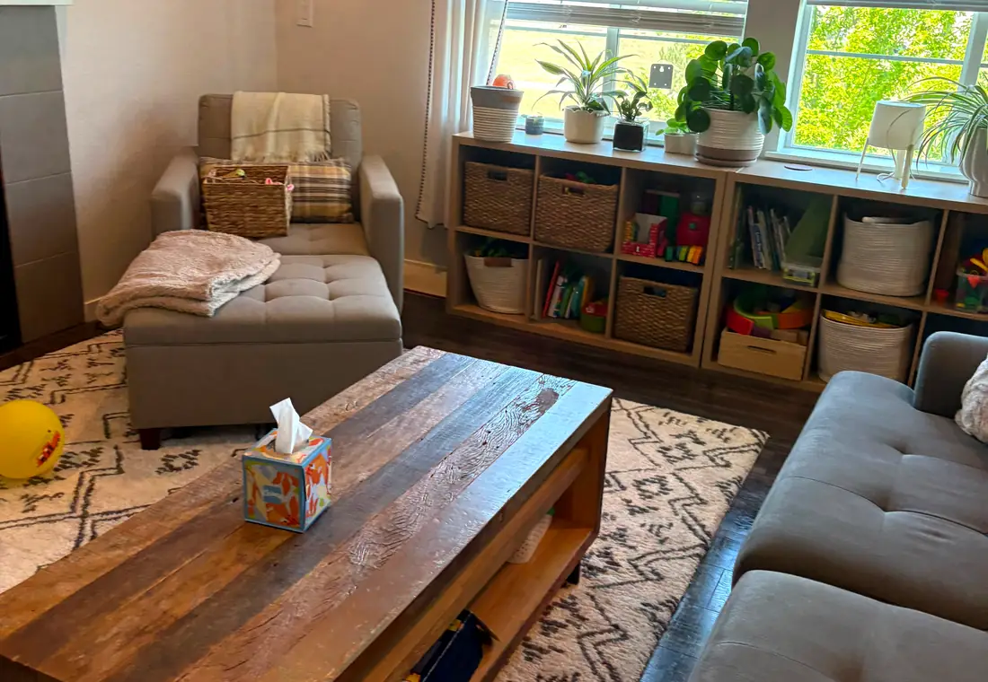 Living room with shelves of labeled baskets and a tidy seating area after organizing